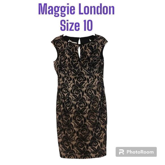 Maggie London Form Fitting Knee Length Black Lace Over Nude Lining Size 10 - Picture 1 of 11